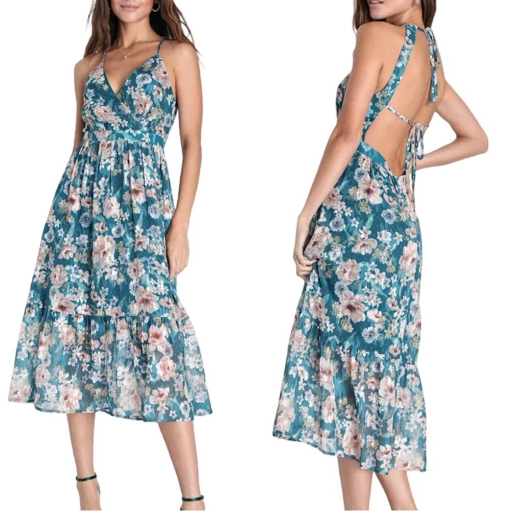 NWT Lulu's Dress Pleasant Presence Teal Blue Jacquard Tie Back Midi Floral Lrg